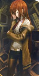 1girl absurdres arm_belt belt black_pantyhose black_shorts breast_pocket breasts brown_hair brown_jacket closed_eyes collared_shirt copyright_name crt eyelashes frown hair_between_eyes hair_over_one_eye hair_over_shoulder hand_in_own_hair hand_over_eye highres huke jacket jacket_partially_removed leather_belt makise_kurisu monitor necktie non-web_source official_art pantyhose pocket purple_eyes purple_trim red_necktie ringed_eyes scan shiny_lips shirt shorts small_breasts solo square_pupils standing steins;gate thick_thighs thighs white_belt white_shirt