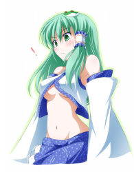 ! 1girl blush breasts detached_sleeves female_focus gradient_background kochiya_sanae midriff solo touhou tri underboob white_background