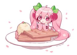 1girl :o ahoge bare_shoulders binchou_maguro blush cherry_hair_ornament chibi chibi_only chocolate commentary_request detached_sleeves food food-themed_hair_ornament hair_between_eyes hair_ornament hatsune_miku head_rest headset ice_cream long_hair looking_at_viewer number_tattoo open_mouth pink_eyes pink_hair pink_skirt pink_sleeves plate pleated_skirt sakura_miku shirt shoulder_tattoo simple_background single_scoop skirt sleeveless sleeveless_shirt solo tattoo twintails twitter_username vocaloid white_background white_shirt