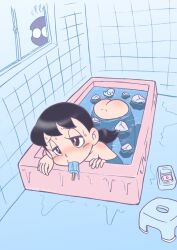 1boy 1girl ass bath black_hair blush doraemon food hot ice loli minamoto_shizuka mochi-iri_kinchaku mokichi nobi_nobita nude popsicle rubber_duck soap water