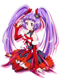Rule 34 | 1girl, bad id, bad pixiv id, black hat, bow, cure magical, cure magical (ruby style), cure magical ruby style, detached sleeves, earrings, female focus, frilled skirt, frills, full body, hair bow, hat, highres, izayoi liko, jewelry, long hair, looking at viewer, magical girl, mahou girls precure!, mini hat, mini witch hat, nii manabu, precure, purple eyes, purple hair, red bow, red shoes, red skirt, red thighhighs, riko (mahou girls precure!), ruby style, shoes, sitting, skirt, smile, solo, star (symbol), star earrings, striped bow, thighhighs, twintails, wariza, white background, witch hat