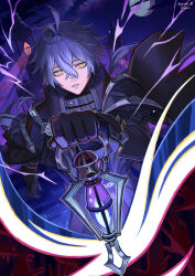 1boy absurdres afureru_colors ahoge antenna_hair arms_up artist_name bags_under_eyes black_coat black_gloves blue_fire blue_hair cloud cloudy_sky coat collared_coat commentary electricity english_commentary fire flins_(genshin_impact) floating_hair full_moon genshin_impact gloves glowing gradient_hair hair_floating_upwards head_tilt high_collar highres holding holding_lantern huge_ahoge lantern leaning_to_the_side long_hair long_sleeves looking_at_viewer moon multicolored_hair night night_sky no_pupils outdoors parted_lips powering_up reaching reaching_towards_viewer shade sky solo standing teeth upper_body yellow_eyes