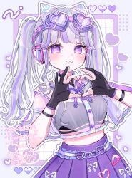 1girl :3 absurdres animal_ears belly blush dot_nose fake_animal_ears four-finger_heart_hands gloves goggles goggles_on_head headphones heart heart-shaped_pupils heart_hands highres long_hair looking_at_viewer mixed-language_text multicolored_hair original otoufu_tea partially_fingerless_gloves pastel_colors pleated_skirt purple_eyes purple_hair purple_skirt see-through_clothes see-through_shirt shirt skirt solo split_ponytail symbol-shaped_pupils watermark white_hair