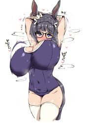 1girl absurdres animal_ears black-framed_eyewear black_hair blue_eyes blue_one-piece_swimsuit blush bouncing_breasts braid breasts commentary_request glasses highres horse_ears horse_girl horse_tail huge_breasts looking_at_viewer motion_lines one-piece_swimsuit solo standing swimsuit tail thighhighs tracen_swimsuit umamusume white_thighhighs yuki_usagi_(agtd5758) zenno_rob_roy_(umamusume)
