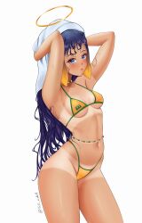 1girl absurdres benchikart bikini blush brazilian_miku cosplay halo hatsune_miku hatsune_miku_(cosplay) highres hololive hololive_english long_hair looking_at_viewer ninomae_ina&#039;nis purple_eyes purple_hair solo swimsuit tan tanline tentacle_hair very_long_hair virtual_youtuber vocaloid white_background yellow_bikini