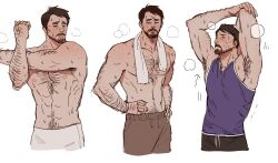 Rule 34 | 1boy, abs, bara, beard stubble, blush, copyright request, cropped legs, facial hair, freckles, hairy, highres, large pectorals, looking at viewer, male focus, mature male, multiple views, muscular, muscular male, navel, navel hair, nipples, oji harem, pectorals, short hair, sparse chest hair, standing, stomach, stretching, stubble, sweat, thick arm hair, thick eyebrows, thick navel hair, topless male, very sweaty