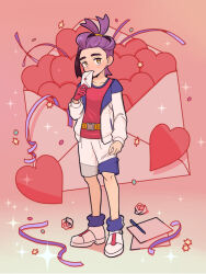 1boy black_hair blue_socks blush commentary crumpled_paper envelope full_body gloves heart holding holding_envelope jacket kieran_(pokemon) long_sleeves male_focus mole mole_on_neck multicolored_hair nintendo open_clothes open_jacket paper pokemon pokemon_sv purple_hair red_gloves red_tank_top sakuramochi0906 shoes shorts simple_background single_glove socks solo sparkle standing symbol-only_commentary tank_top valentine white_jacket white_shoes white_shorts