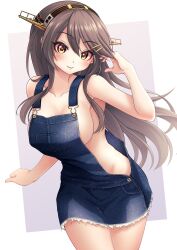 1girl absurdres alternate_costume black_hair blue_overalls breasts brown_eyes collarbone commission cowboy_shot denim_overalls gold_hairband hairband haruna_(kancolle) headgear highres kantai_collection large_breasts long_hair makura_(y_makura) naked_overalls overall_skirt overalls pixiv_commission solo two-tone_background