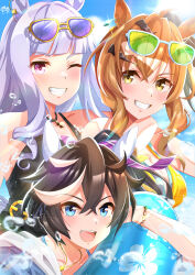 Rule 34 | 3girls, absurdres, animal ear piercing, arm around neck, bare shoulders, black hair, black one-piece swimsuit, blue eyes, blush, bracelet, brown hair, ear covers, ear ornament, eyewear on head, gold bracelet, gold ship (run revolt launcher) (umamusume), gold ship (umamusume), green-tinted eyewear, grey hair, grin, hair between eyes, hair ornament, highres, horse girl, innertube, jewelry, jungle pocket (tobasuze hot summer!) (umamusume), jungle pocket (umamusume), katsuragi ace (umamusume), medium hair, multicolored hair, multiple girls, official alternate costume, official alternate hairstyle, one-piece swimsuit, one eye closed, open mouth, purple-tinted eyewear, smile, streaked hair, sunglasses, swim ring, swimsuit, teeth, tinted eyewear, u-sukio., umamusume, upper teeth only, wading, white-framed eyewear, white hair, x hair ornament, yellow-framed eyewear, yellow eyes