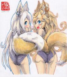 2girls ahoge animal_ear_fluff animal_ears ass blonde_hair blue_eyes blue_one-piece_swimsuit blush earrings fox_ears fox_girl fox_shadow_puppet fox_tail from_behind highres intertwined_tails jewelry kazekiri loli long_hair looking_back multiple_girls multiple_tails old_school_swimsuit one-piece_swimsuit open_mouth original school_swimsuit single_earring smile swimsuit tail thighs white_hair