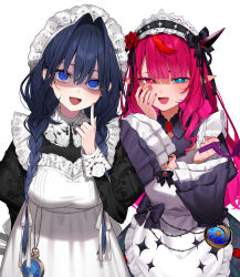 2girls :d @_@ absurdres aotake_iro apron black_dress black_hair black_headdress blue_eyes blunt_bangs braid chest_bow commentary_request crystal_wings double_halo dress drill_hair drill_sidelocks hair_intakes hair_ribbon halo hand_up hat heart heart-shaped_pupils heterochromia highres holding holding_leash holding_scissors hololive hololive_english index_finger_raised irys_(hololive) irys_(maid)_(hololive) juliet_sleeves lace-trimmed_collar lace-trimmed_headdress lace_trim leash long_hair long_sleeves looking_at_viewer low_twin_braids maid maid_apron mob_cap multicolored_hair multiple_girls official_alternate_costume official_alternate_hairstyle open_mouth ouro_kronii ouro_kronii_(maid) pocket_watch pointy_ears pov puffy_sleeves ribbon ringed_eyes scissors sidelocks simple_background smile star_(symbol) star_halo streaked_hair symbol-shaped_pupils twin_braids victorian_maid viewer_on_leash virtual_youtuber watch white_apron white_background white_ribbon wide_sleeves yandere
