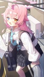 Rule 34 | 1girl, ahoge, air conditioner, aqua necktie, arm support, ballistic shield, black skirt, blue archive, blue eyes, blush, capry, chest strap, collarbone, commentary, crossed bangs, day, dress shirt, feet out of frame, hair between eyes, hair flaps, halo, heterochromia, highres, hoshino (blue archive), huge ahoge, id card, long hair, long sleeves, looking at viewer, necktie, on railing, open mouth, orange eyes, outdoors, pink hair, pink halo, plaid clothes, plaid skirt, pleated skirt, railing, road, shadow, shield, shirt, sidelocks, sitting, skirt, solo, street, sweat, utility pole, white shirt