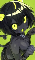 1girl :3 ahoge animal_ear_fluff animal_ears belt black_fur black_hair blush bob_cut bracelet breasts cat_ears cat_girl cat_tail chain cleavage collar electric_plug electric_plug_tail from_above furry furry_female glowing glowing_ears glowing_eyes glowing_mouth green_background green_eyes green_hair green_theme jewelry ketopon multicolored_hair open_mouth original paw_pose simple_background solo strapless streaked_hair studded_bracelet studded_collar tail tube_top