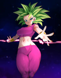 Rule 34 | 1girl, armlet, blue eyes, breasts, crop top, dragon ball, dragon ball super, earrings, energy blast, green hair, jewelry, kefla (dragon ball), large breasts, looking at viewer, medium hair, midriff, navel, pants, potara earrings, purple tank top, rom (20), saiyan, smirk, spiked hair, super saiyan, tank top, thighs, toned, toned female