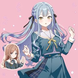 Rule 34 | 2girls, absurdres, bang dream!, black ribbon, blue eyes, blush, braid, brown eyes, brown hair, chinese commentary, closed mouth, commentary request, floating hair, green shirt, green skirt, grey hair, grey shirt, hair ribbon, hands up, heart, highres, long hair, long sleeves, looking at viewer, multiple girls, nagasaki soyo, open mouth, pink background, ribbon, sailor, school uniform, shirt, skirt, smile, thumbs up, togawa sakiko, tsukinomori school uniform, twin braids, very long hair, weitaming c