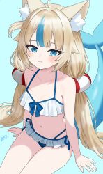 Rule 34 | 1girl, absurdres, animal ear fluff, animal ears, bikini, blonde hair, blue eyes, blue streaks, breasts, cat ears, closed mouth, commentary, fins, fish tail, highres, indie virtual youtuber, lifebuoy hair ornament, looking at viewer, low twintails, navel, sameko saba, small breasts, solo, swimsuit, tail, twintails, virtual youtuber, vkyo, white bikini