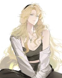 1girl animal_ears arknights black_hairband black_pants black_shirt blonde_hair blue_eyes breasts camisole cleavage closed_mouth commentary corrupted_twitter_file crop_top curtained_hair dog_ears dog_girl dog_tail droopy_ears hairband highres jacket jewelry joshua_(shisanli934) kristen_(arknights) long_hair looking_at_viewer medium_breasts midriff pants pendant shirt simple_background single_bare_shoulder single_off_shoulder solo symbol-only_commentary tail white_background white_jacket