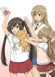 3girls black_hair brown_eyes brown_hair chestnut_mouth diesel-turbo long_hair minami-ke minami_chiaki minami_haruka minami_kana multiple_girls necktie punching school_uniform siblings sisters stuffed_animal stuffed_toy teddy_bear thighhighs twintails