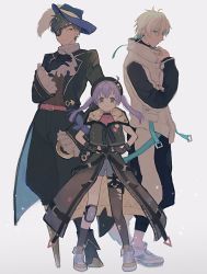 1girl 2boys belt beret black_hair black_headwear black_jacket blue_belt blue_eyes blue_hair blue_headwear collarbone crazy_raccoon eyepatch halterneck halterneck hands_on_own_hips hat highres hook_hand jacket knee_pads looking_at_viewer mondo_(crazy_raccoon) multicolored_hair multiple_boys nijisanji nisanhonyubi one_eye_covered pants peg_leg pirate_hat purple_hair red_eyes reignite single_knee_pad smile streaked_hair symbol-only_commentary tempplex twintails virtual_youtuber white_hair white_jacket white_pants yuuki_chihiro
