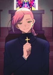 1boy absurdres braid church cross cross_necklace freckles green_eyes heterochromia highres indoors jewelry jojo_no_kimyou_na_bouken light_particles long_sleeves looking_at_viewer male_focus necklace pink_hair smile solo stained_glass sunlight vinegar_doppio yashio_kurenai yellow_eyes