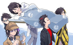 6+boys avataro_sentai_donbrothers bed_sheet blue_eyes bored brown_hair carrying carrying_person curly_hair feather_boa formal_clothes futon glasses hair_streaks hat headphones headphones_around_neck hidden_face humanization jacket japanese_clothes kamen_rider kamen_rider_den-o_(series) kimono kintaros leather leather_jacket lying male_focus messy_hair momotaros multiple_boys nogami_ryoutarou on_side open_mouth pajamas phone ponytail possessed possession purple_eyes red_eyes red_shirt redrawn ryutaros scene_reference shirt short_hair sick sieg suit super_sentai sweat sweatdrop talking_on_phone urataros yellow_eyes