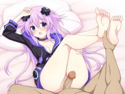 1boy 1girl :o adult_neptune barefoot black_jacket blush breasts censored choker clothed_female_nude_male clothed_sex collarbone commentary_request d-pad d-pad_hair_ornament erection hair_ornament hetero highres hood hooded_jacket hooded_track_jacket jacket long_hair medium_breasts mosaic_censoring neptune_(series) nude on_bed penis pillow purple_eyes purple_hair shin_jigen_game_neptune_vii soles speech_bubble thighs track_jacket usb yaomai
