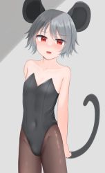 Rule 34 | 1boy, alternate costume, animal ears, black leotard, brown pantyhose, commentary request, covered navel, cowboy shot, crossdressing, crossdressing (mtf), dakuazu, genderswap, genderswap (ftm), grey hair, highres, leotard, looking at viewer, male focus, mouse boy, mouse ears, mouse tail, nazrin, open mouth, pantyhose, red eyes, short hair, solo, strapless, strapless leotard, tail, touhou, trap