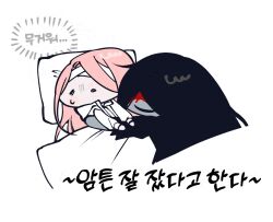 Rule 34 | 1boy, 1girl, bbabbamis2, black hair, black kimono, blood, blood on face, chibi, commentary request, homicipher, japanese clothes, kimono, korean commentary, korean text, long hair, pink hair, simple background, translation request, under covers, white background