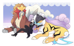 1girl anabel_(pokemon) black_footwear black_gloves brown_fur closed_eyes collared_shirt creatures_(company) entei fangs game_freak gen_2_pokemon gloves legendary_pokemon long_hair lying necktie nintendo one_eye_closed pokemon pokemon_(creature) pokemon_sm ponytail purple_hair raikou shirt tail vergolophus yellow_fur