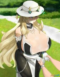 Rule 34 | 1boy, 1girl, bare shoulders, barghest (fate), barghest (fgo fes. 2025) (fate), black dress, blonde hair, blush, breasts, dress, fate/grand order, fate (series), green eyes, highres, holding hands, horns, huge breasts, long hair, muscular, muscular female, razorbelyy, thick thighs, thighs, two-tone dress, white dress