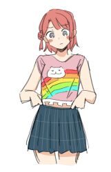 1girl animal_print blue_skirt blunt_bangs bun_with_braided_base cat_print cowboy_shot cropped_legs grey_eyes hair_bun half_updo hangyaku_no_nijigasaki highres jojifuku love_live! love_live!_nijigasaki_high_school_idol_club medium_hair midriff miniskirt official_alternate_costume pink_hair pink_shirt pix3dayo plaid_clothes plaid_skirt pleated_skirt print_shirt rainbow_print shirt short_sleeves single_side_bun skirt solo swept_bangs uehara_ayumu undersized_clothes