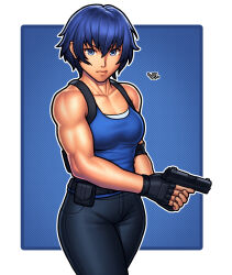 Rule 34 | 1girl, blue eyes, blue hair, breasts, cosplay, female focus, fingerless gloves, gloves, gun, highres, jill valentine (cosplay), looking at viewer, matching hair/eyes, medium breasts, muscular, muscular female, persona, persona 4, resident evil, resident evil 3: nemesis, shirogane naoto, short hair, simple background, solo, vj99, weapon