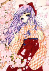 1990s_(style) 1girl absurdres artbook blue_eyes blue_hair cardcaptor_sakura cherry_blossoms child clamp daidouji_tomoyo female_focus flower hakama hakama_skirt highres holding holding_umbrella japanese_clothes long_hair matching_hair/eyes meiji_schoolgirl_uniform official_art petals red_hakama retro_artstyle scan scan_artifacts skirt smile solo umbrella wavy_hair wide_sleeves yagasuri