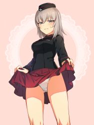 Rule 34 | 10s, 1girl, blue eyes, blush, clothes lift, female focus, garrison cap, girls und panzer, grey hair, hair between eyes, hat, highres, icomochi, itsumi erika, kuromorimine military uniform, lace, lace-trimmed panties, lace trim, lifting own clothes, military, military uniform, panties, pleated skirt, simple background, skirt, skirt lift, solo, sweatdrop, underwear, upskirt, white panties
