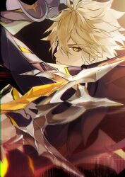Rule 34 | 1boy, alternate form, antenna hair, black shirt, blonde hair, clawed gauntlets, diamond-shaped pupils, diamond (shape), fighting stance, hair between eyes, hashtag-only commentary, honkai: star rail, honkai (series), hush (xoxo hush), incoming attack, looking at viewer, male focus, messy hair, phainon (honkai: star rail), serious, shirt, short hair, solo, symbol-shaped pupils, torn clothes, torn shirt, upper body, yellow eyes