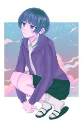 1girl black_skirt blue_eyes blue_hair blush closed_mouth cloud collared_shirt commentary fujii_ayame full_body futsuu_no_keion-bu highres hood hooded_jacket jacket nogi_yuni open_clothes open_jacket own_hands_together pleated_skirt purple_jacket sandals shirt skirt sky slides socks solo squatting star_(sky) starry_sky white_shirt white_socks wolf_cut