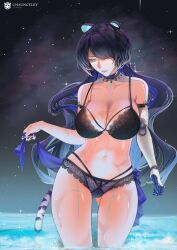 Rule 34 | 1girl, alternate costume, animal ears, aqua eyes, armpits, artist name, bare arms, bare legs, bare shoulders, black bra, black hair, black panties, blue hair, blue nails, bra, breasts, cameltoe, chaunceley, choker, cleavage, collarbone, colored inner hair, commentary, cowboy shot, erina makina, fingernails, gluteal fold, hair over one eye, highres, holding cloth, lace, lace-trimmed bra, lace-trimmed panties, lace trim, large breasts, lingerie, long hair, looking down, mechanical arms, mechanical hands, multicolored hair, night, night sky, one eye covered, panties, parted lips, partially submerged, phase connect, single mechanical arm, single mechanical hand, sky, solo, star (sky), starry sky, swept bangs, tail, thigh gap, tiger ears, tiger girl, tiger tail, underwear, virtual youtuber, wading, water, wavy hair, wet