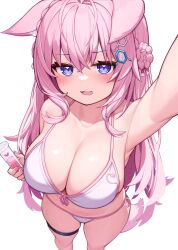 1girl animal_ears bikini blush breasts cleavage deaver hakui_koyori highres holding holding_test_tube hololive large_breasts long_hair looking_at_viewer open_mouth pink_hair pink_tail pink_trim purple_eyes simple_background solo swimsuit tail test_tube virtual_youtuber white_background white_bikini wolf_ears wolf_girl wolf_tail