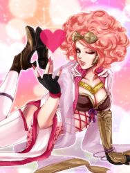 Rule 34 | afro, arm support, breasts, brown eyes, cleavage, coat, curly hair, eyelashes, eyeliner, fingernails, fishnet leotard, fishnets, heart, high heels, koshoushou, large breasts, legs up, leotard, lips, lipstick, long fingernails, makeup, nail polish, pink hair, pink nails, sengoku musou, thighhighs, thighs, white thighhighs