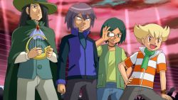 00s 4boys barry_(pokemon) blonde_hair cape conway_(pokemon) green_hair hair_over_one_eye harp hat instrument male_focus multiple_boys nando_(pokemon) nintendo paul_(pokemon) pokemoa pokemon pokemon_(anime) pokemon_dppt pokemon_dppt_(anime) poketch purple_hair watch wristwatch