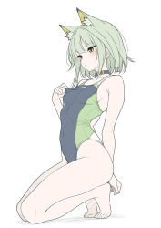 1girl alternate_costume animal_ear_fluff animal_ears arknights barefoot black_collar black_one-piece_swimsuit breasts cat_ears cat_girl closed_mouth collar commentary covered_navel extra_ears flat_color full_body green_eyes green_hair green_one-piece_swimsuit highres kal&#039;tsit_(arknights) legs medium_breasts multicolored_swimsuit one-piece_swimsuit short_hair simple_background solo swimsuit t1kosewad thighs toes white_background