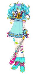 1girl armlet bandaid baseball_bat blood blue_dress blue_eyes blue_hair blue_nails bracelet colored_sclera creatures_(company) cuts dress eyepatch female_focus finger_to_mouth freckles game_freak gen_7_pokemon hair_ornament hair_over_one_eye highres injury jewelry long_hair looking_at_viewer mareanie nail nail_(hardware) nail_bat nail_polish nintendo personification pink_blood pokemon purple_shoes shioya_(soooooolt) shoes sneakers solo spiked_bracelet spiked_shoes spikes standing toxapex yellow_sclera