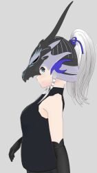 1girl 3d artist_name artist_request black_gloves blue_eyes bodysuit breasts covered_eyes dragon_girl elbow_gloves female_focus gloves helmet helmet_over_eyes long_glove long_hair looking_at_viewer medium_breasts model sidelocks solo solo_focus swordsoul_of_mo_ye white_background white_hair yu-gi-oh!