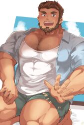 1boy bara beard blue_shirt chest_hair collared_shirt facial_hair green_shorts highres large_pectorals looking_at_viewer male_focus mature_male mustache oji-mama_(skskdan) open_mouth patting_lap pectorals sawch_cls shirt short_sleeves shorts sisimaru_hoshiura solo thick_eyebrows white_shirt