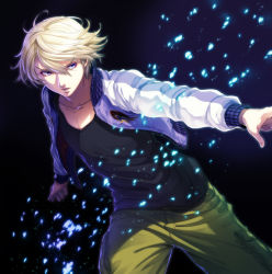 10s 1boy blonde_hair enmto ivan_karelin jacket letterman_jacket light_particles male_focus purple_eyes purple_jacket short_hair solo tiger_&amp;_bunny