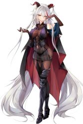 1girl aegir_(azur_lane) azur_lane backward-facing_horns black_garter_straps black_horns bodystocking breast_curtains cross demon_horns garter_straps hair_on_horn highres horns iron_cross meoyami multicolored_hair red_hair solo streaked_hair