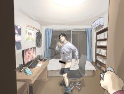 1boy 1other 4girls bar_censor bed bedroom black_eyes black_hair bookshelf boxers caught censored chair clothes_rack commentary computer earbuds earphones english_commentary erection glass_door hand_up indoors jamiroquai computer_keyboard long_sleeves looking_at_viewer male_focus male_underwear mashima_jirou monitor motion_blur multiple_girls night office_chair open_mouth opening_door original pants_around_ankles parody partially_undressed pornography pose_imitation poster_(object) pov pov_hands reflection shirt short_hair sliding_doors smile standing swivel_chair tissue_box underwear walk-in white_shirt wide_shot