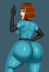 1girl absurdres aqua_background aqua_bodysuit ass ass_focus black_gloves breasts brown_hair danny_phantom elbow_gloves gloves highres huge_ass large_breasts looking_at_viewer looking_back maddie_fenton magentraven mature_female purple_eyes short_hair solo