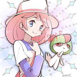 1girl bag blue_eyes blue_sleeves blush bowl_cut colored_skin commentary gen_3_pokemon green_hair green_skin hand_on_own_chest hand_on_own_chin hat heart highres mocha_fushigi mole mole_under_eye nintendo pink_hair pokemon pokemon_(creature) pokemon_bw2 ralts red_eyes shirt short_hair shoulder_bag smile translated white_hat white_shirt white_skin yancy_(pokemon)
