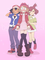 ash_ketchum baseball_cap belleinpastel bianca_(pokemon_heroes) black_hair blonde_hair blue_eyes blush brown_hair closed_mouth dress gloves green_shirt hat highres holding jacket miniskirt multiple_girls nintendo pokemon pokemon_(anime) pokemon_(classic_anime) pokemon_heroes:_latios_&amp;_latias pokemon_xy_(anime) serena_(pokemon) shirt shoes short_hair short_sleeves skirt smile socks standing thighhighs white_skirt